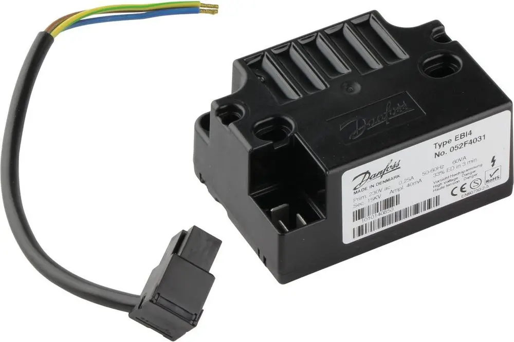 Schwarze Zündeinrichtung mit angeschlossenem Kabel und Stecker, hergestellt von Bosch. Die Komponenten sind für einen elektrischen Anschluss ausgelegt.